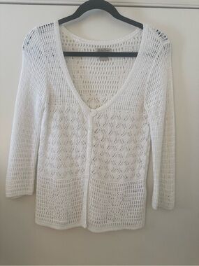 Lucky Brand White Open-Weave V-Neck Cardigan